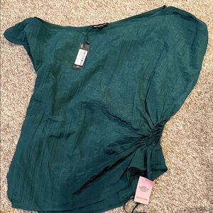 PrettyLittleThing Teal Side-Ruched Puff Sleeve Blouse